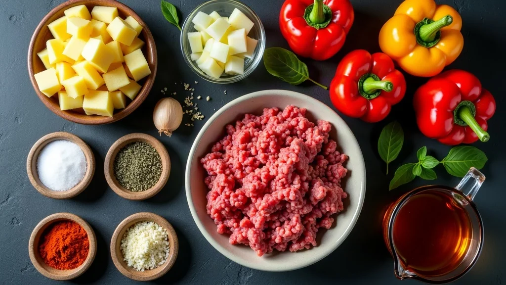 Alle Zutaten für Bauerntopf mit Hackfleisch: Rinderhackfleisch, Kartoffeln, Paprika, Zwiebeln, Tomaten und Gewürze