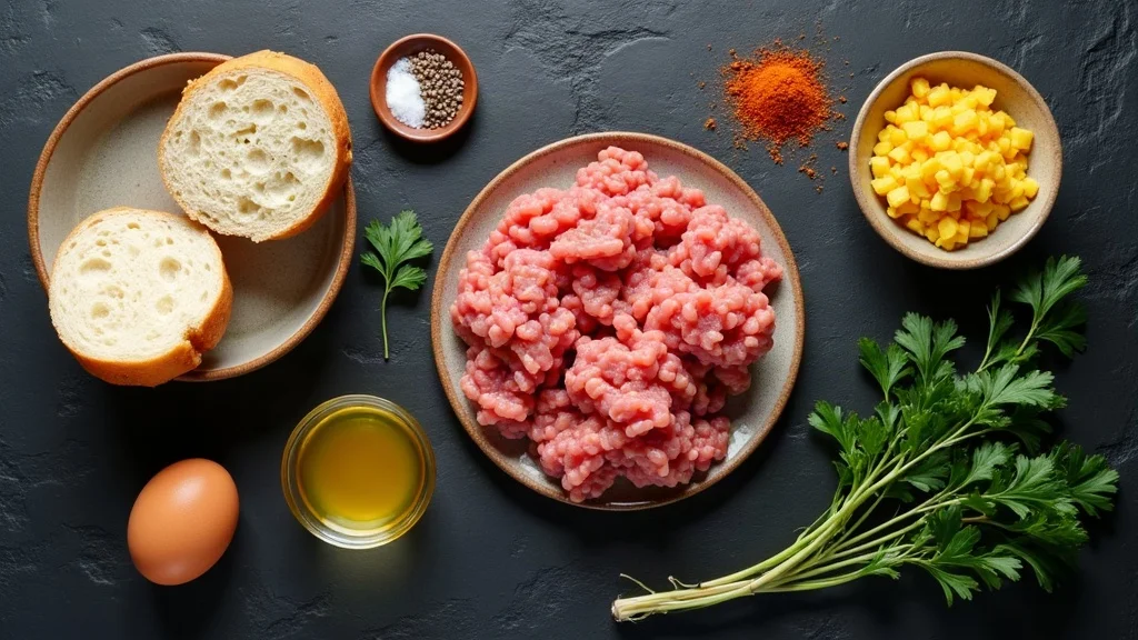 Alle Zutaten für Frikadellen aus der Heißluftfritteuse: Hackfleisch, Brötchen, Zwiebel, Ei, Senf und Gewürze