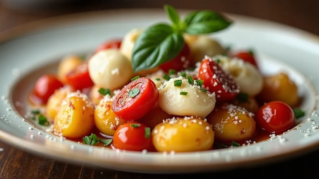 Servierte Portion Gnocchi-Pfanne mit ziehendem Mozzarella und frischem Basilikum auf einem Teller