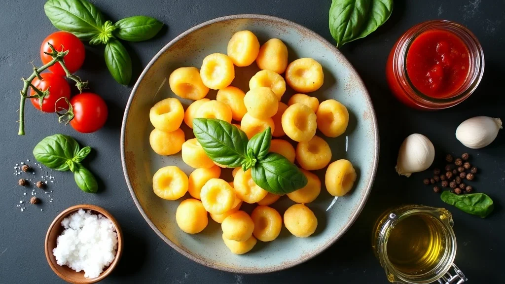 Alle Zutaten für die Gnocchi-Pfanne: Kartoffel-Gnocchi, Kirschtomaten, Mozzarella, Knoblauch, Basilikum und Olivenöl