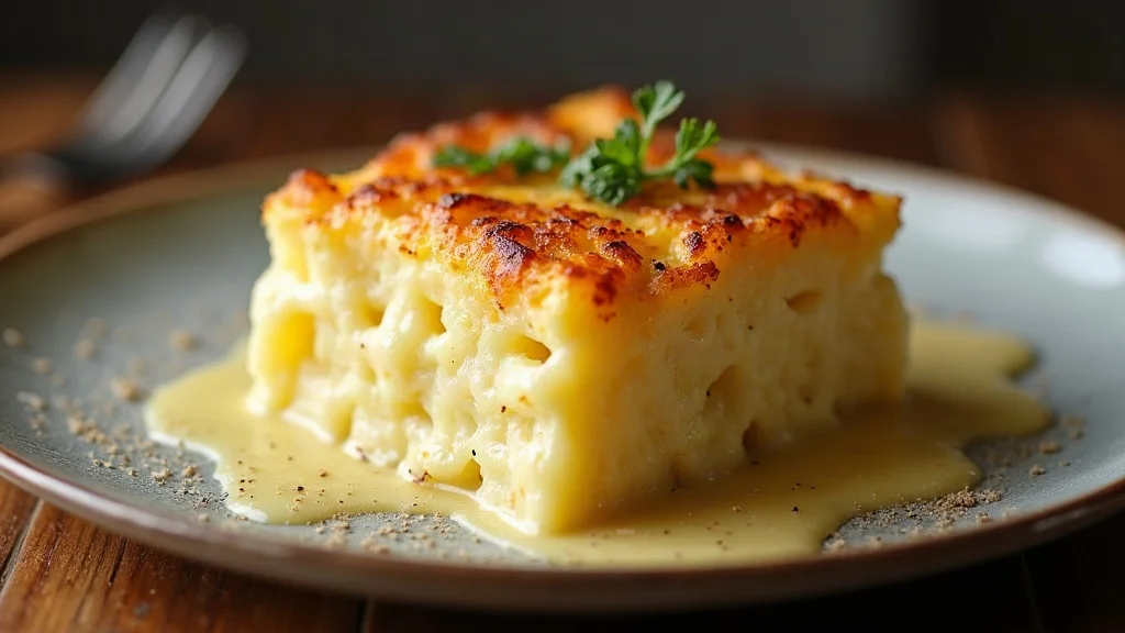 Cremiges Stück Kartoffelgratin klassisch auf einem Teller serviert mit goldbrauner Käsekruste
