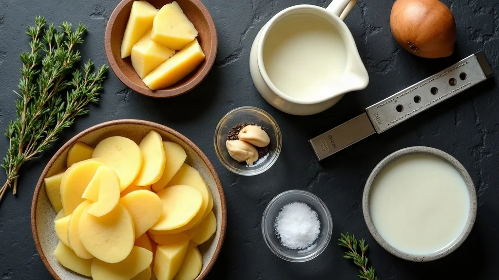Zutaten für klassisches Kartoffelgratin: Kartoffeln, Sahne, Milch, Gruyère-Käse, Knoblauch und Muskatnuss