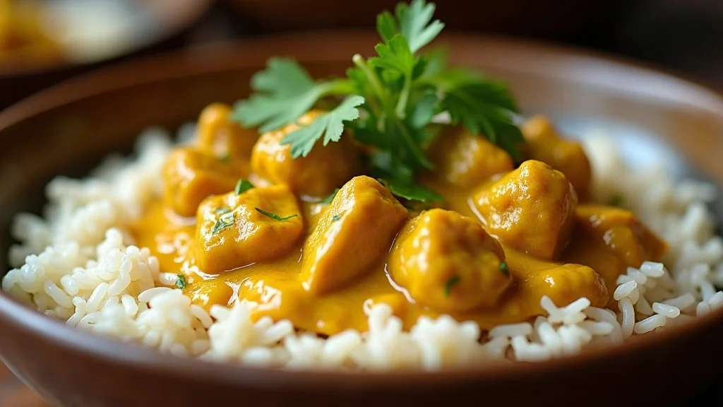 Cremiges Hähnchen-Curry mit zartem Hähnchenfleisch serviert auf duftendem Basmatireis mit Koriander