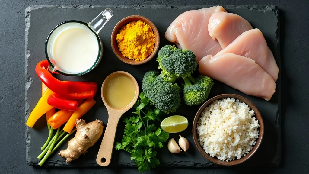Alle Zutaten für schnelles Hähnchen-Curry: Hähnchenbrust, Paprika, Brokkoli, Kokosmilch, Currypulver, Ingwer, Knoblauch und Limette