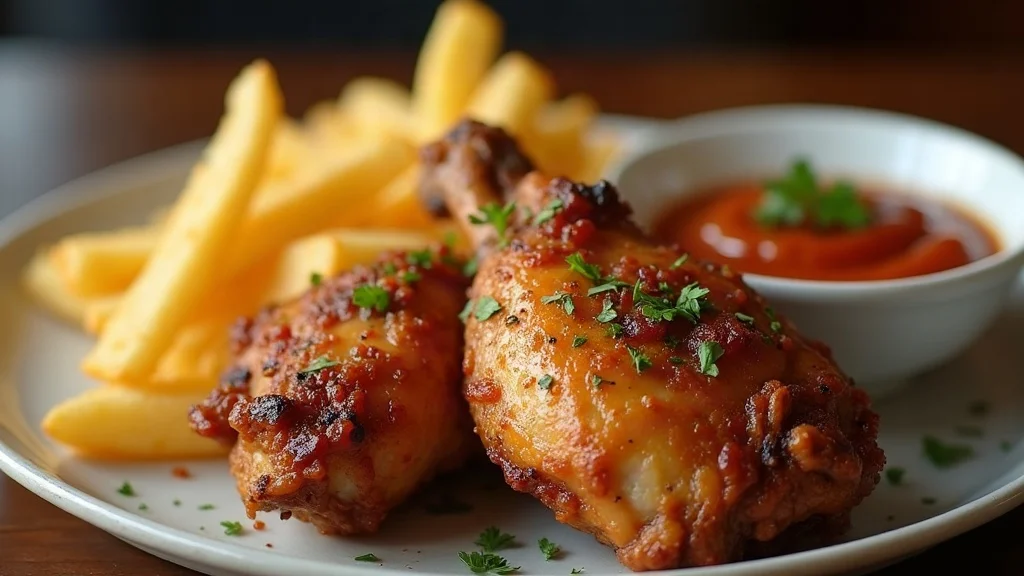 Servierfertige saftige Hähnchenschenkel aus der Heißluftfritteuse mit Pommes frites und Dip