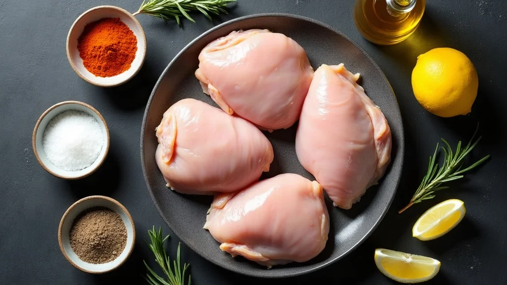 Alle Zutaten für Hähnchenschenkel aus der Heißluftfritteuse: Hähnchen, Paprikapulver, Knoblauch, Olivenöl, Backpulver und Kräuter