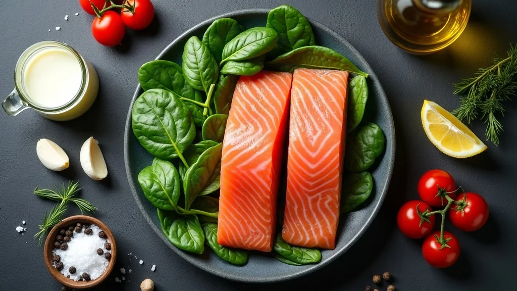 Alle Zutaten für Lachs mit Spinat: Frische Lachsfilets, Babyspinat, Sahne, Knoblauch, Zitrone und Tomaten