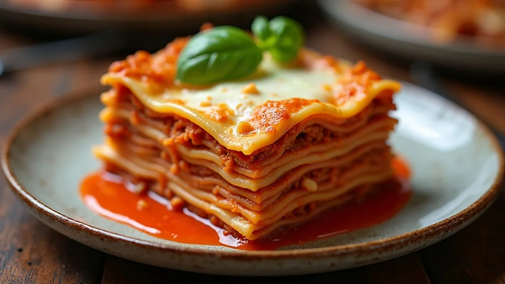 Servierfertiges Stück Lasagne klassisch auf einem Teller mit saftigen Schichten und geschmolzenem Käse
