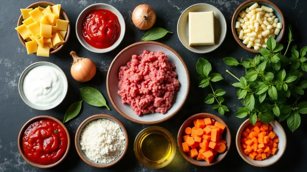Alle Zutaten für Lasagne klassisch: Hackfleisch, Lasagneplatten, Tomaten, Milch, Butter, Mehl und Käse