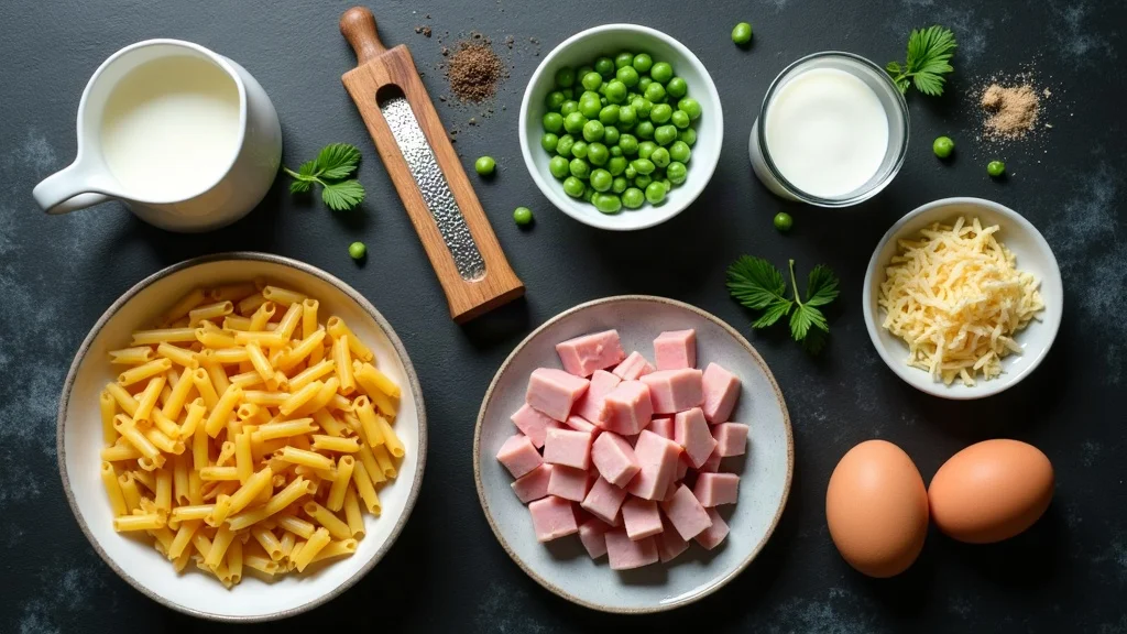Alle Zutaten für Nudelauflauf mit Schinken: Penne, Kochschinken, Sahne, Milch, Eier, Gouda und Muskatnuss