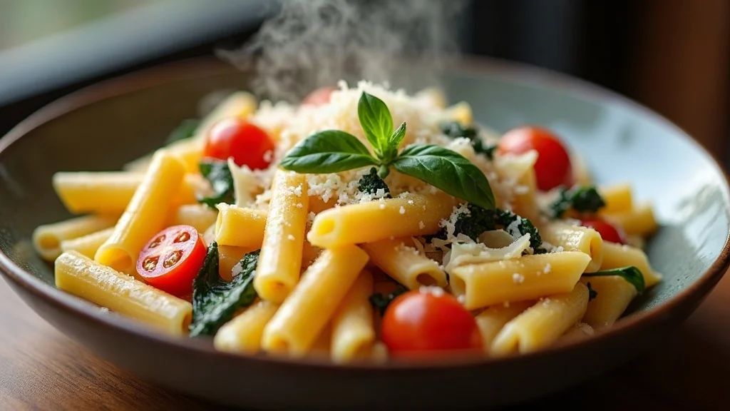 Servierfertige cremige One-Pot-Pasta dampfend heiß auf einem Teller mit frischem Basilikum und Parmesan