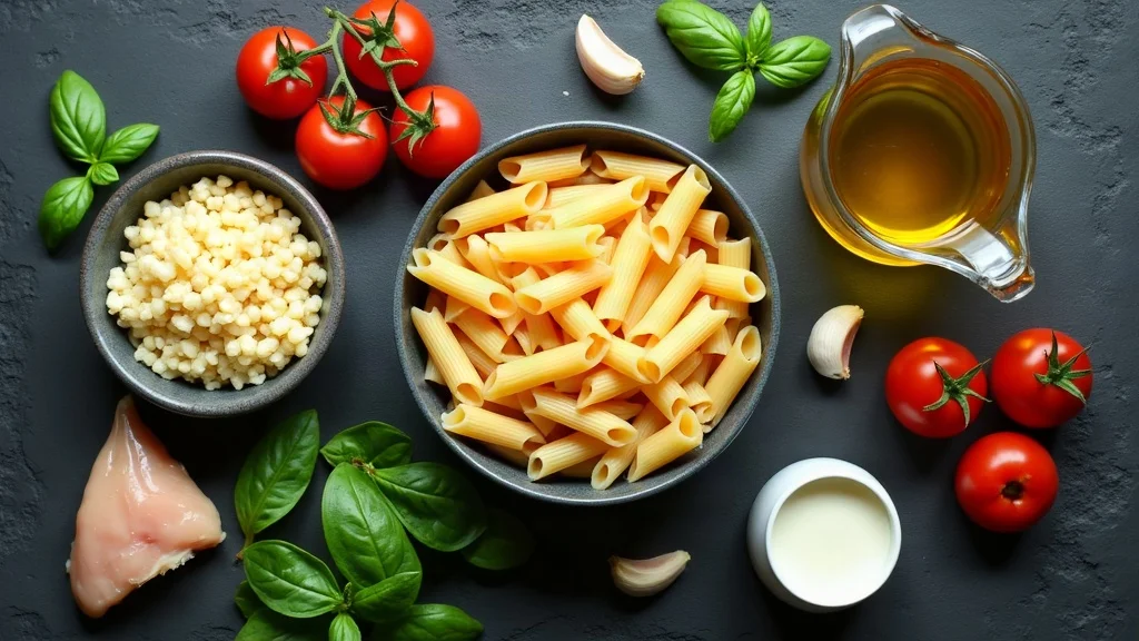 Alle Zutaten für One-Pot-Pasta im Überblick: Penne, Hähnchenbrust, Spinat, Tomaten, Sahne und Parmesan