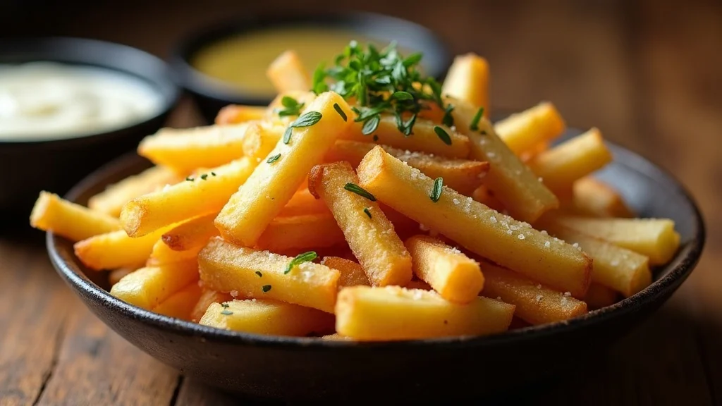 Fertig servierte knusprige Pommes aus der Heißluftfritteuse mit Kräuterquark und Meersalz
