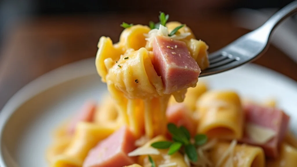 Gabel hebt saftig glänzende Tortellini in samtiger Schinken-Sahne-Sauce aus dem tiefen Teller