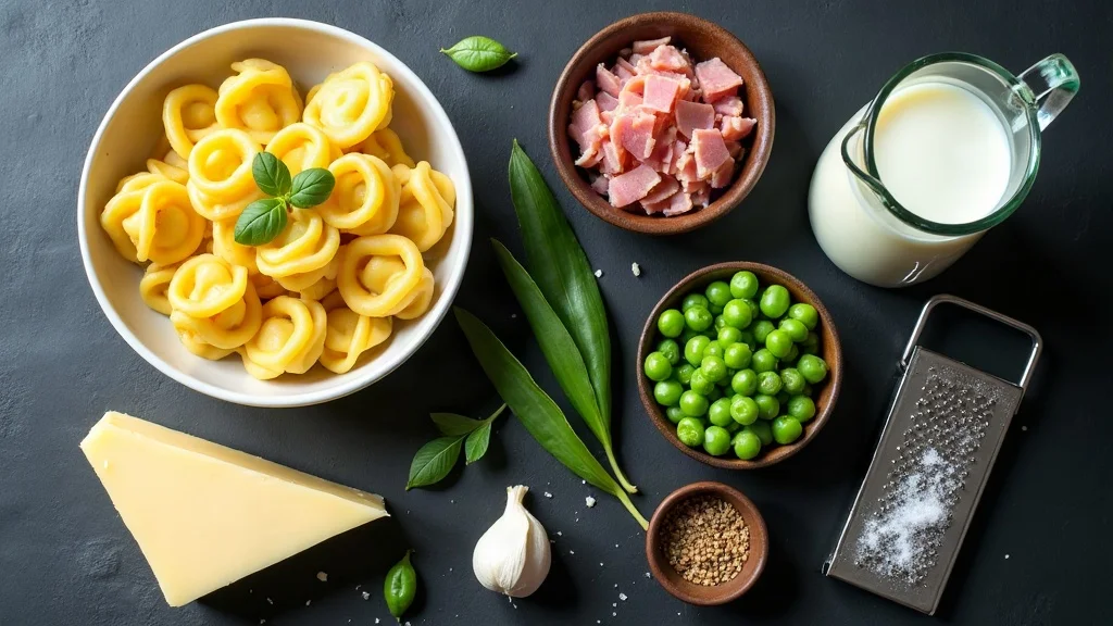 Alle Zutaten für Tortellini in Schinken-Sahne-Sauce: Frische Tortellini, Sahne, Kochschinken, Parmesan, Butter und Muskat